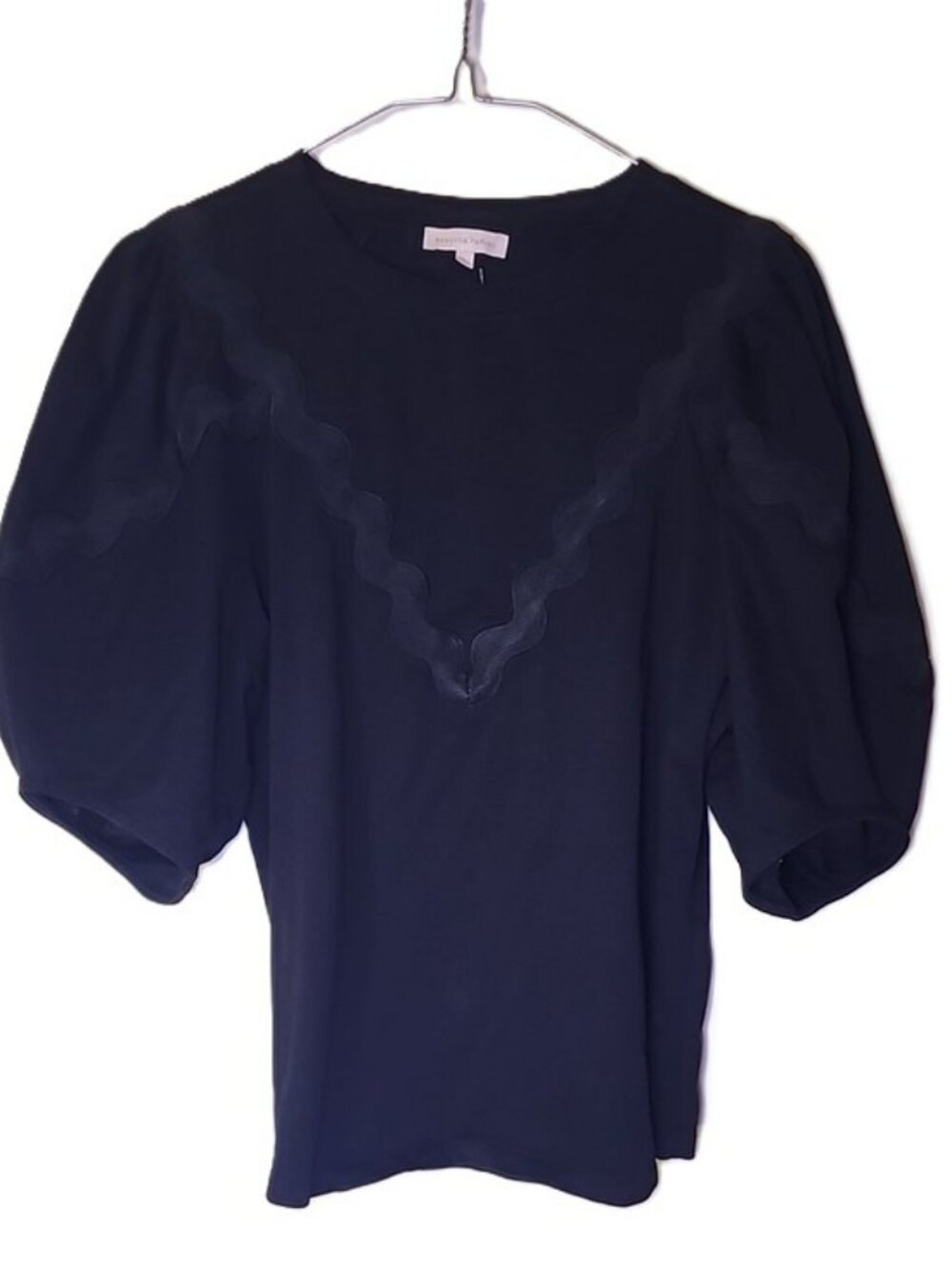Rebecca Taylor Ric Rac Jersey Top Black Puff Short Sleeve Women's Size X-Large